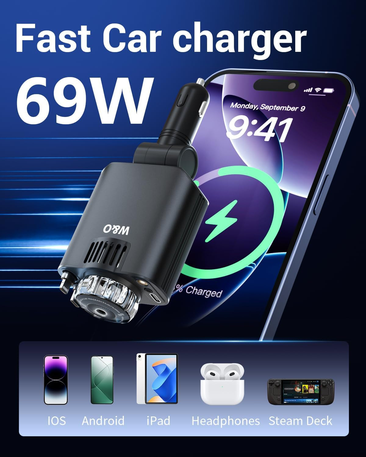 Car Charger Fast Charger for Iphone17/16/15,69W Retractable Car Charger with Aromatherapy and Starlight,5 in 1 Fast Car Charger with L/C Cables,Car Charger Adapter for Iphone,Android（Purple）