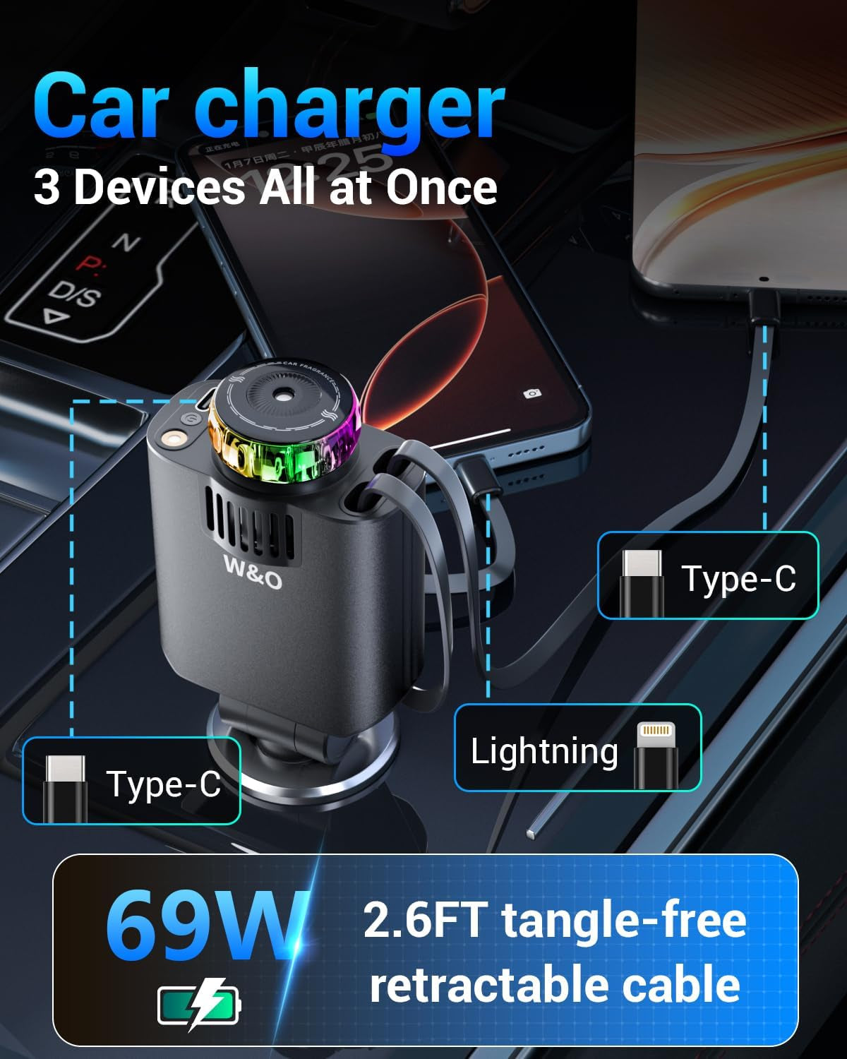 Car Charger Fast Charger for Iphone17/16/15,69W Retractable Car Charger with Aromatherapy and Starlight,5 in 1 Fast Car Charger with L/C Cables,Car Charger Adapter for Iphone,Android（Purple）